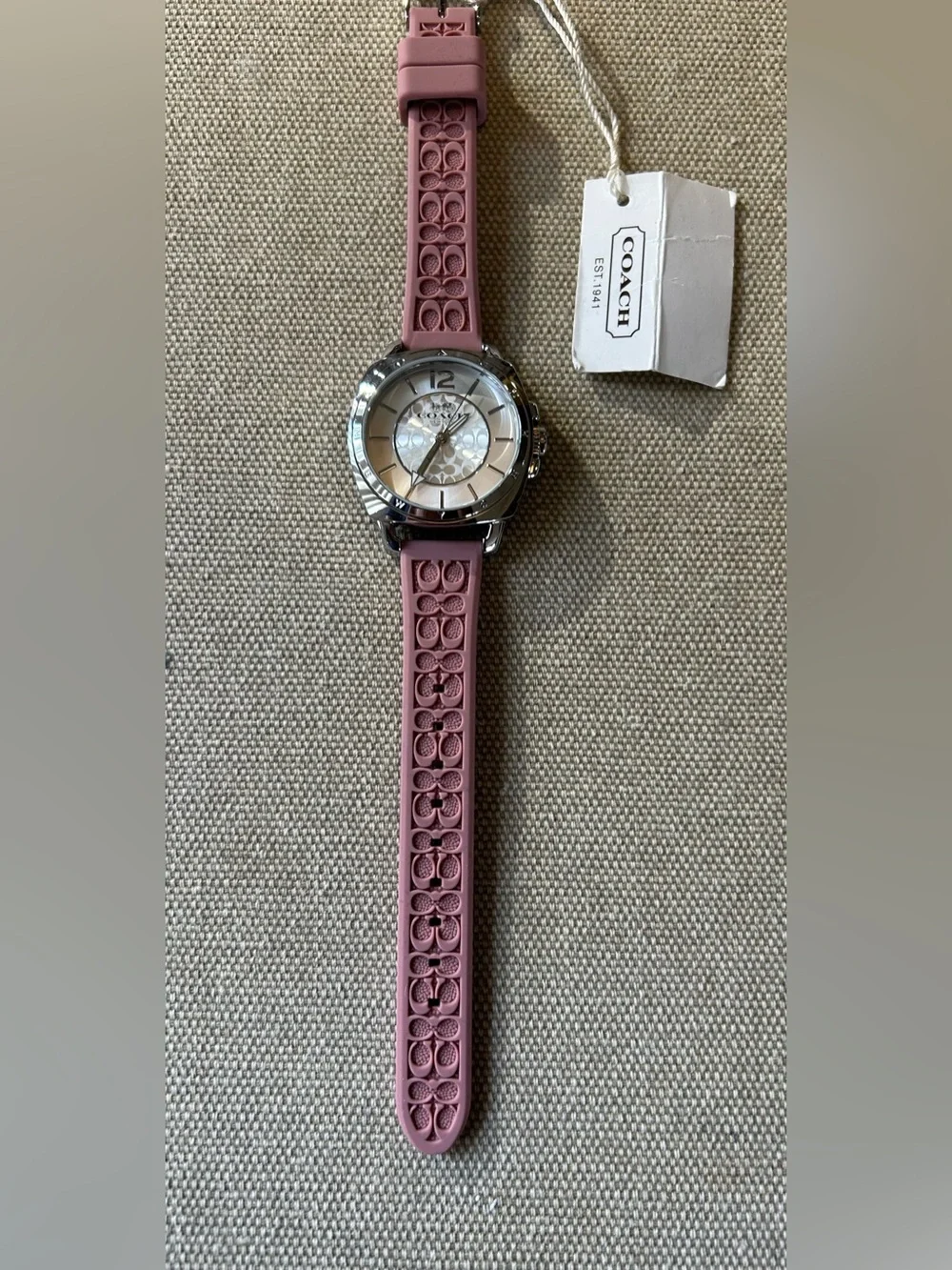 Coach Boyfriend Watch With 34mm Silver Face & Pink Silicone Band